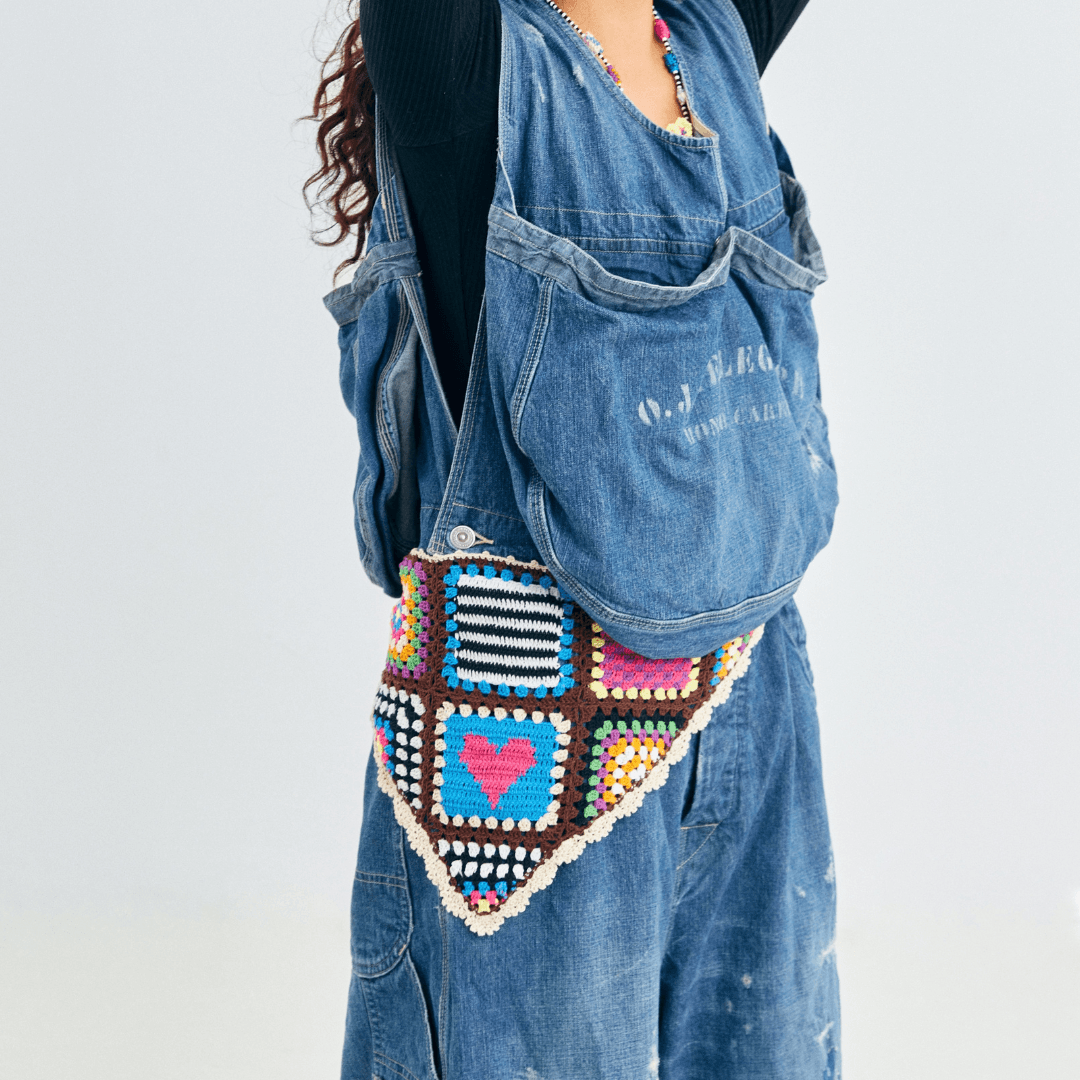 FeekyStore colorful crochet triangle headscarf styled with a matching denim outfit, captured in a clean studio setting.