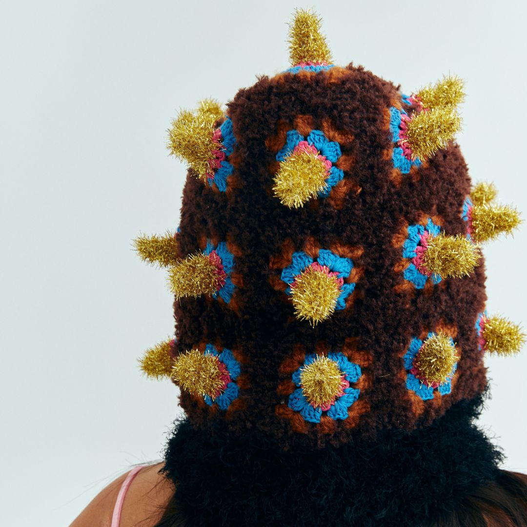 Feeky Fortune Bomb crochet hat back view, hand-crafted whimsical headwear