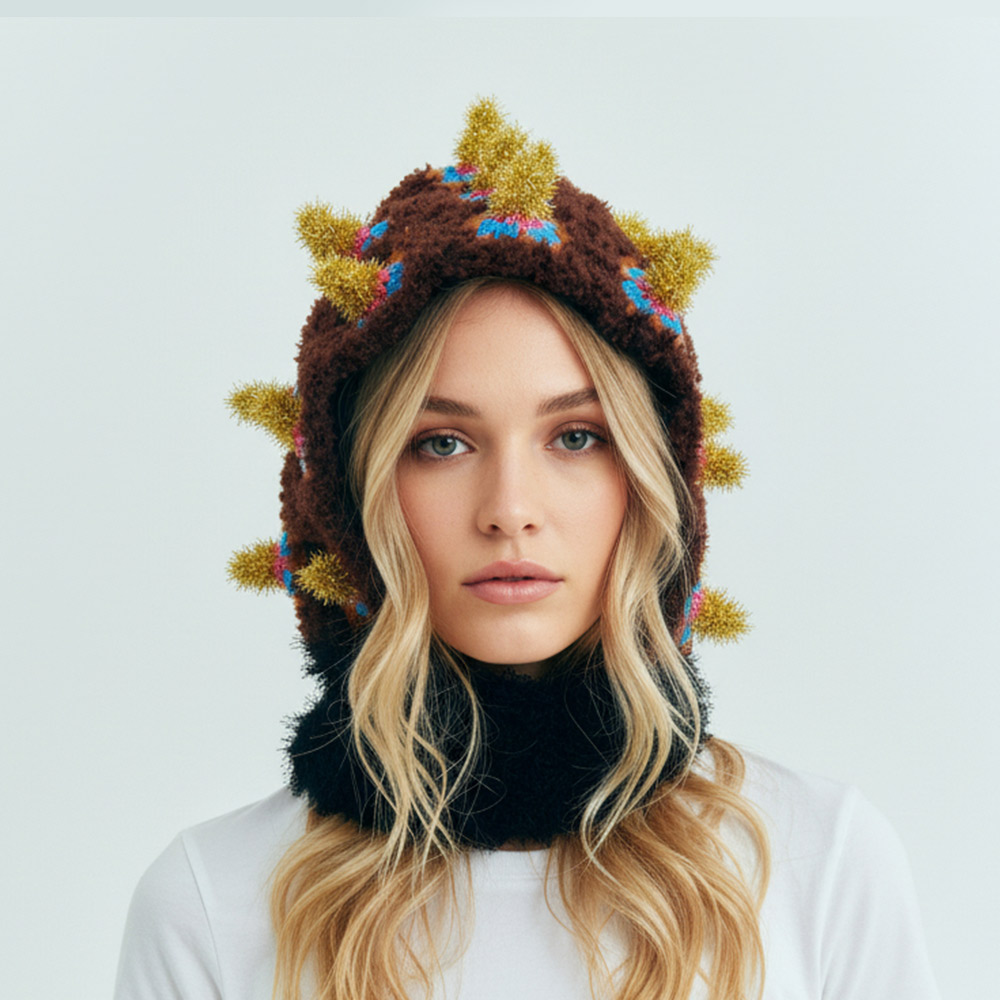 Front view of a woman wearing the Fortune Bomb Crochet Hat, featuring a vibrant multi-color spiked design and black neck warmer.