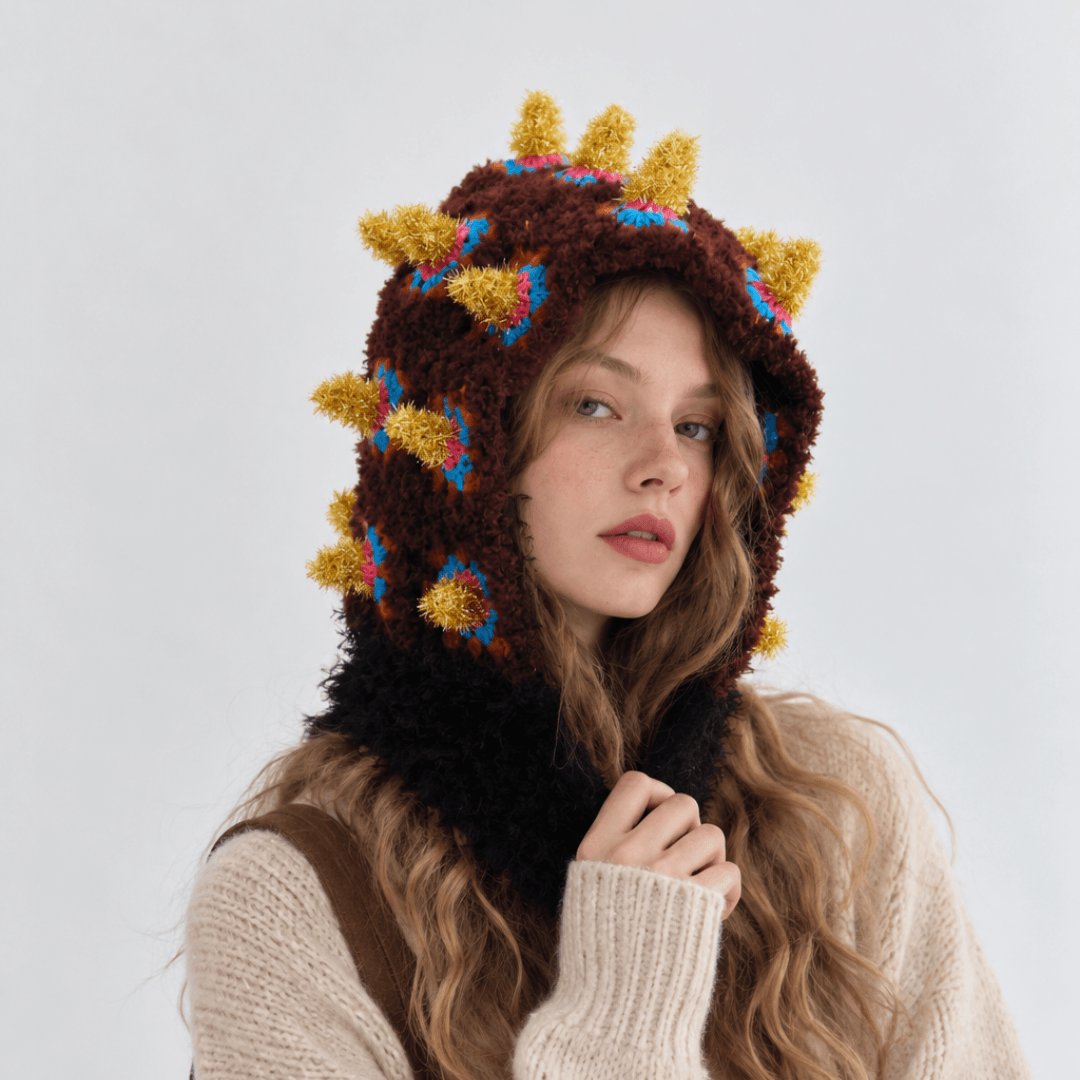 FeekyStore brown bomb hat featuring bold yellow 3D spikes and textured details, modeled in a clean studio setting.
