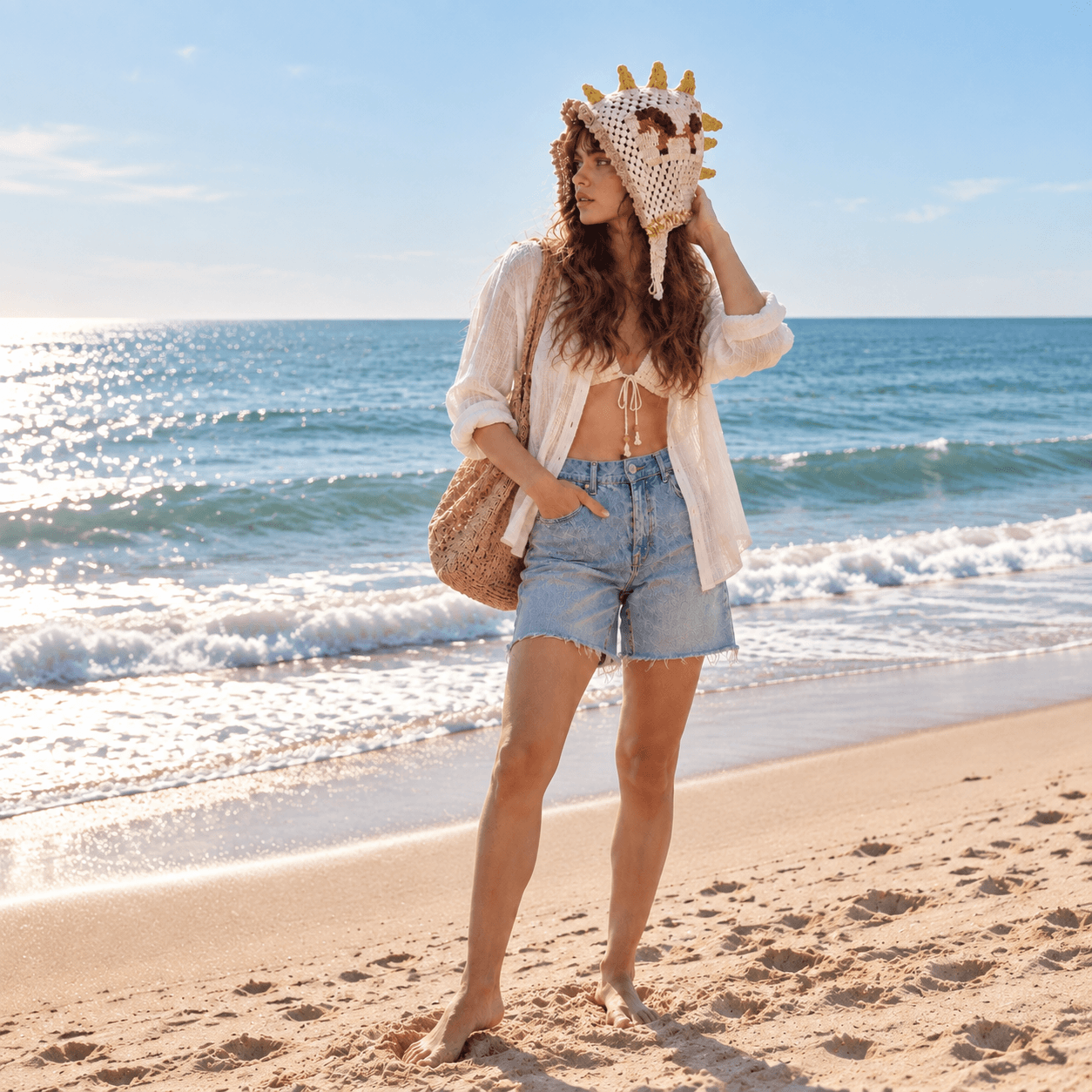FeekyStore brown bomb hat with bold gold spikes, modeled by a woman in denim shorts and a white shirt on a sunny beach.