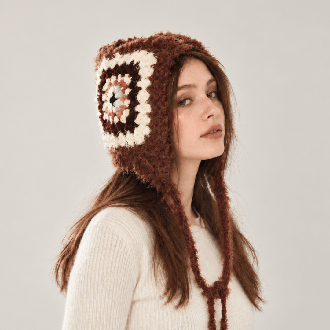 FeekyStore brown fuzzy crochet granny square hat with side ties and classic square patchwork, modeled in a clean studio setting.