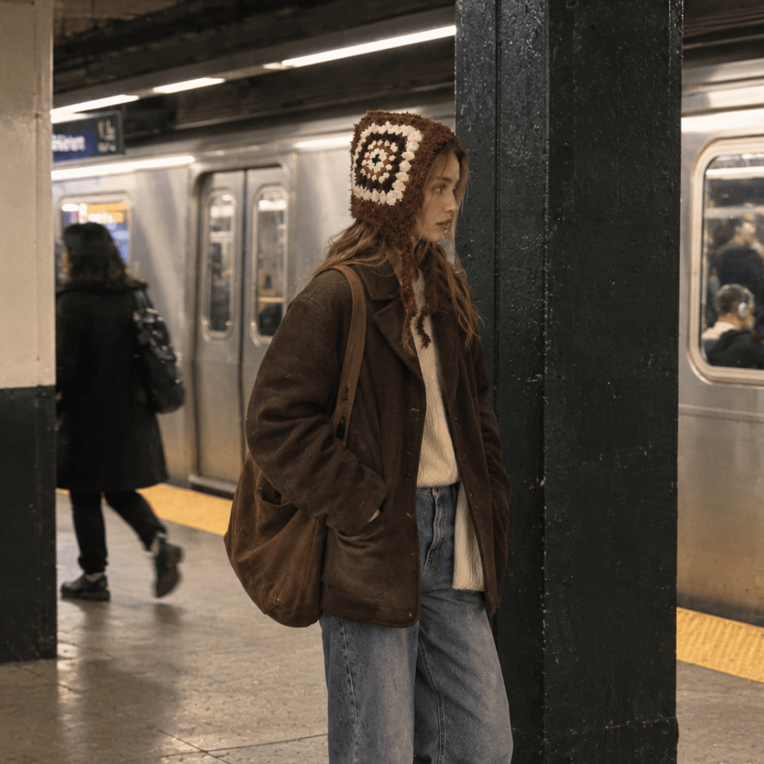 FeekyStore brown crochet granny square beanie, worn by a model waiting on a subway station platform with a train in the background.