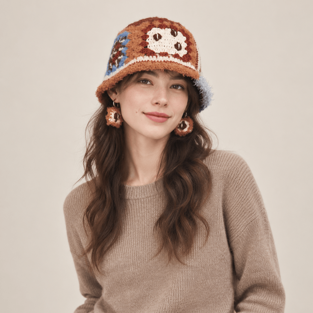 FeekyStore crochet patchwork bucket hat with refreshing coffee tones and unique motifs, modeled by a smiling woman in a neutral sweater against a clean studio background.