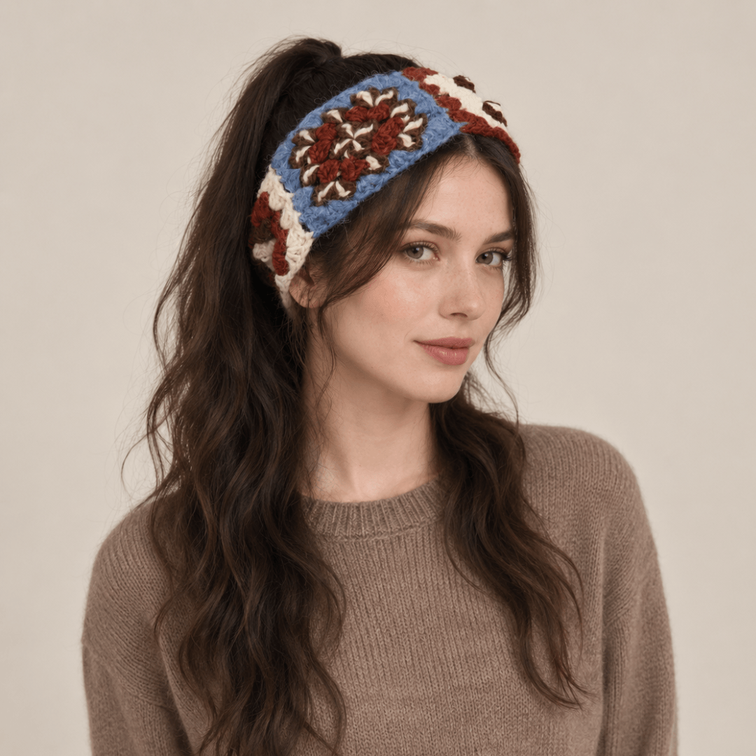 FeekyStore crochet headband with refreshing coffee and blue geometric patterns, worn by a model with a high ponytail in a clean studio setting.