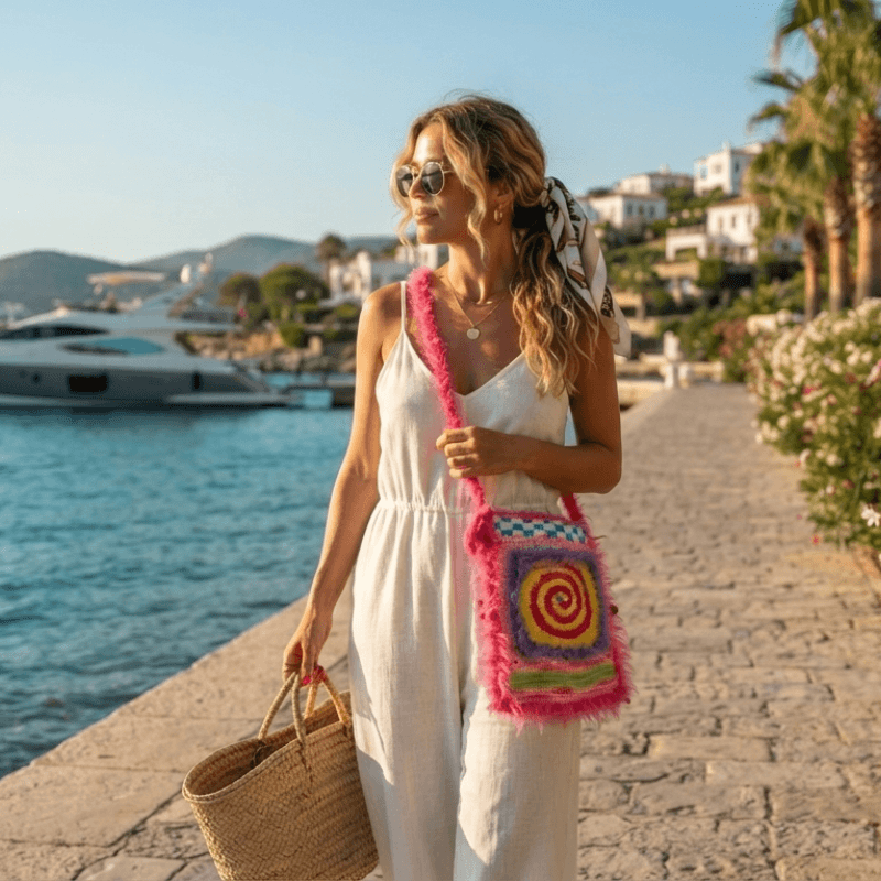 FeekyStore vibrant pink and colorful crochet smiling bag with fluffy texture, styled with a white jumpsuit and straw basket by a model at a sunny yacht harbor.