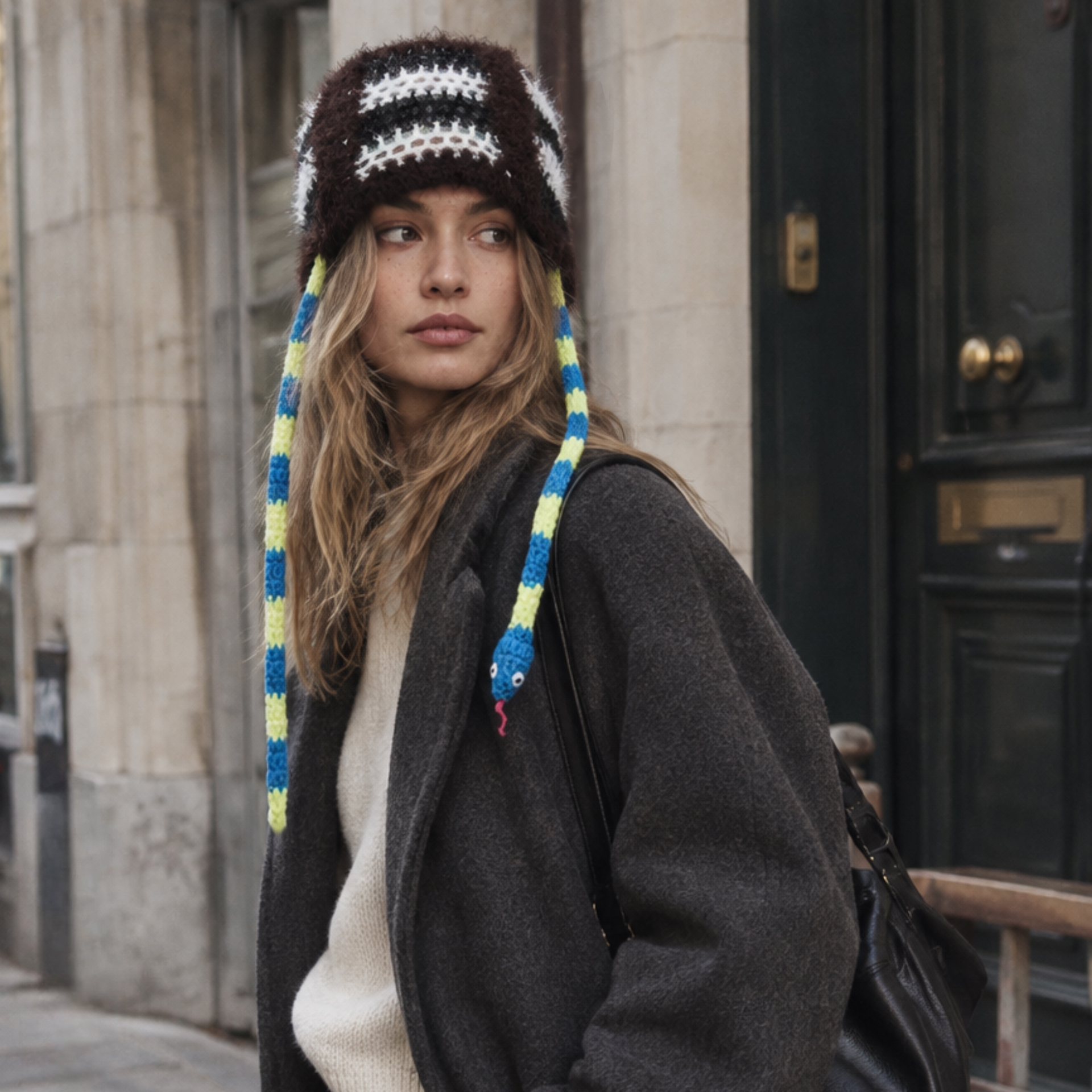 FeekyStore architectural snake hat with blue and yellow patterned ties, styled with a dark wool coat in a European city street setting.