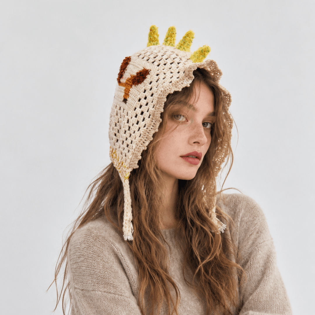 FeekyStore cream crochet unicorn pony hat with vibrant yellow mane and delicate applique details, modeled in a studio against a plain background.
