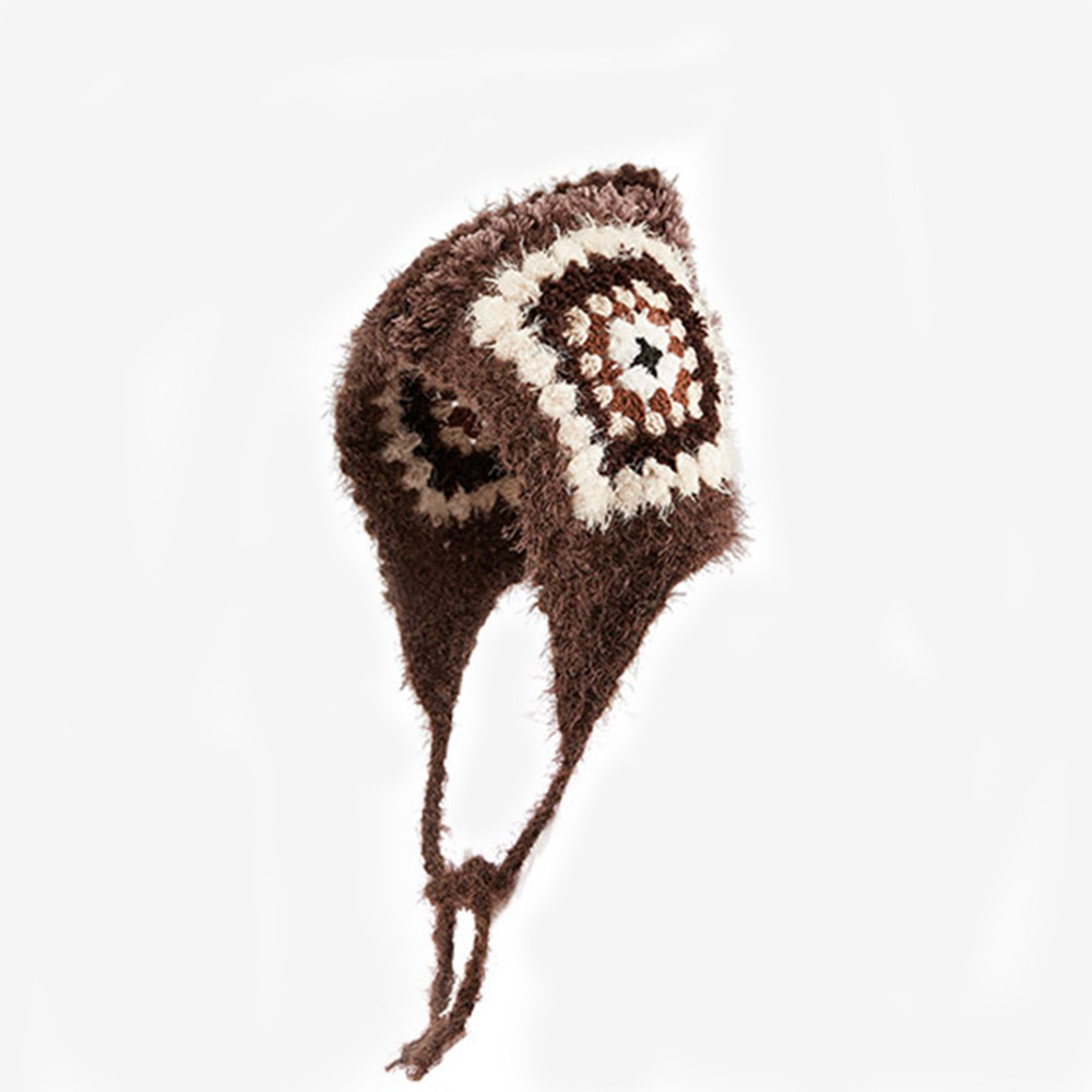 Isolated product image of the handmade Vintage Grid Crochet Hat on a white background, displaying the detailed granny square pattern and scalloped edges.