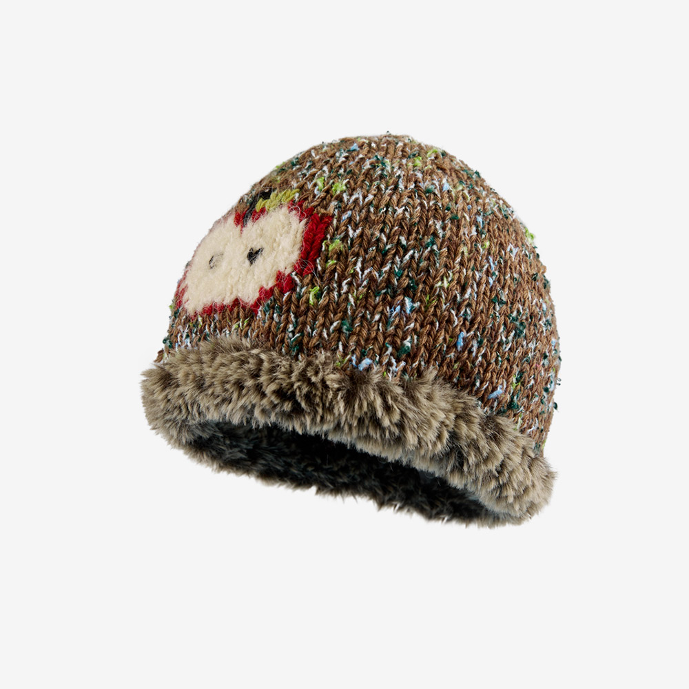 Isolated product image of the handmade Wool Apple Crochet Hat against a clean background, featuring textured speckled wool and a graphic apple patch.