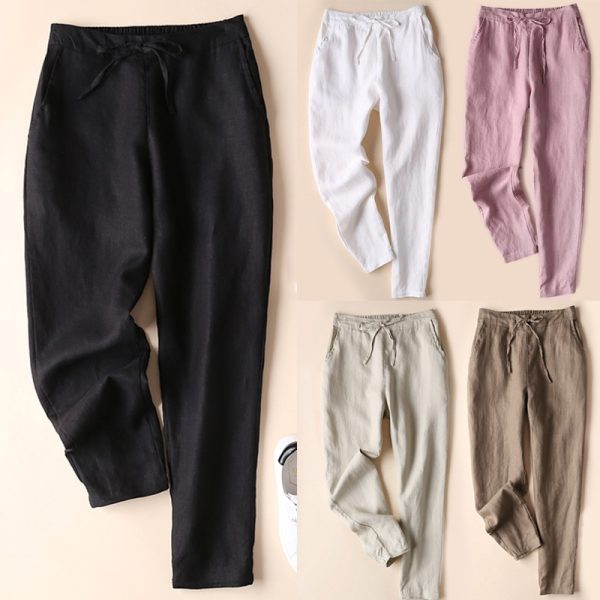Women Cotton Linen Pants Thin Trousers Solid Color Spring Summer Middle-waisted Casual Pencil Pants 5XL