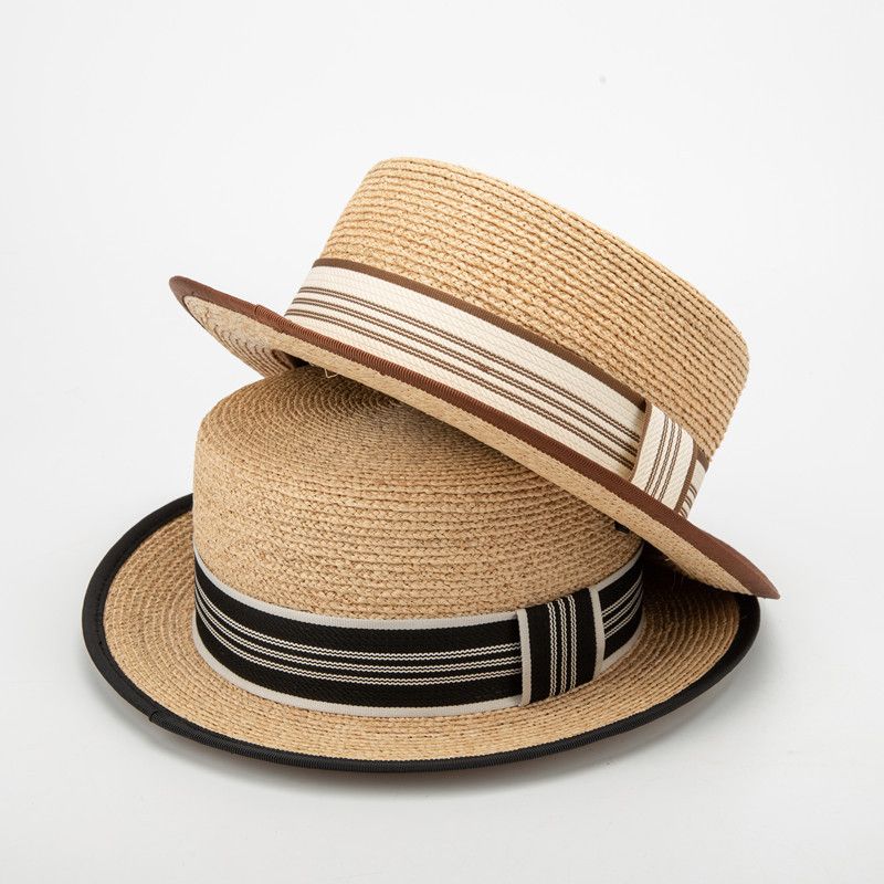 Flat top new style raffia hat with plaid decoration