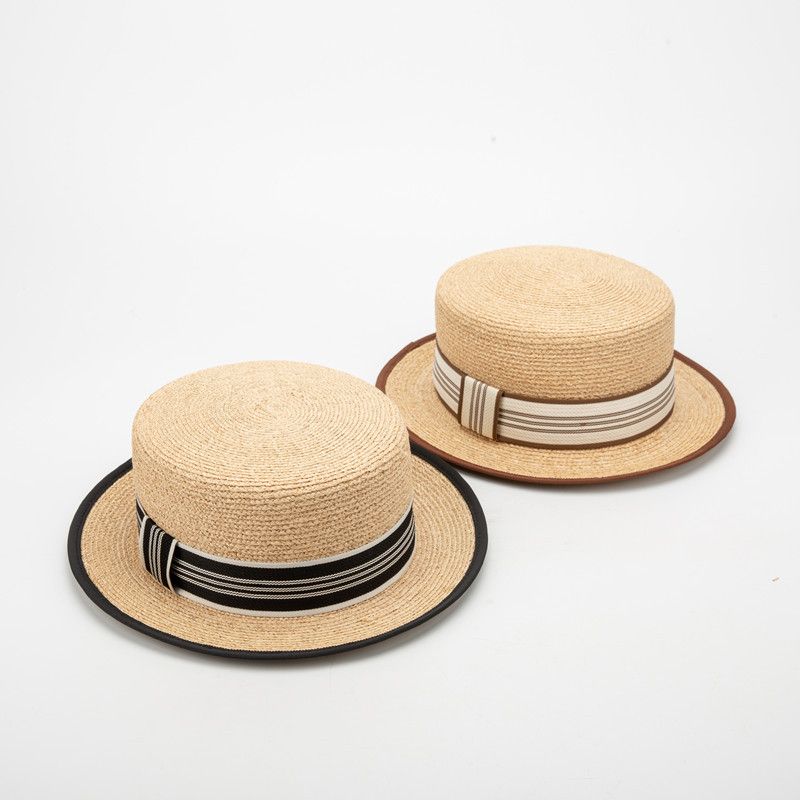 Flat top new style raffia hat with plaid decoration