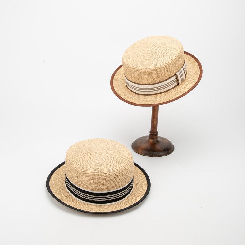 Flat top new style raffia hat with plaid decoration