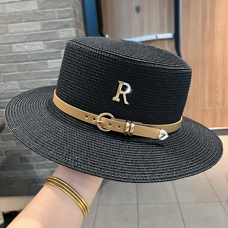 Metal letter R leather buckle with straw hat