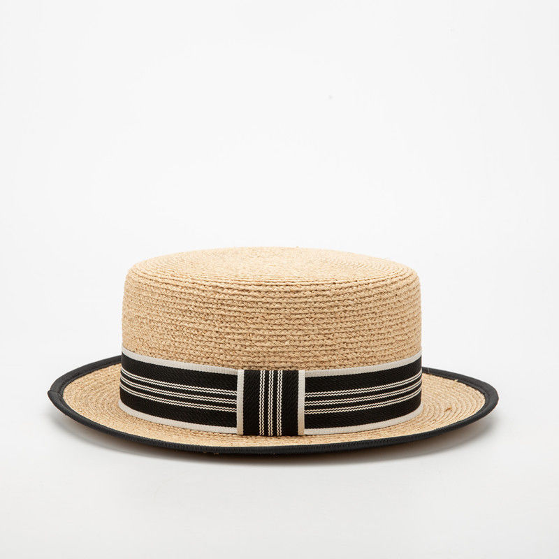 Flat top new style raffia hat with plaid decoration