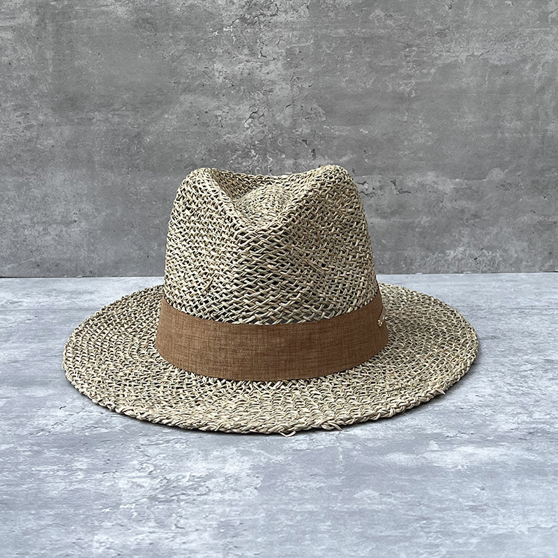 French retro sunshade salty grass hollow flat brim Panama hat