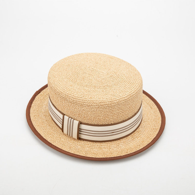 Flat top new style raffia hat with plaid decoration