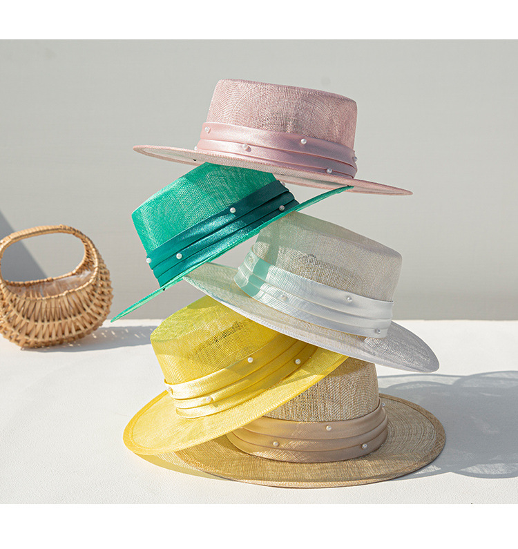 Linen pearl belt flat top hat