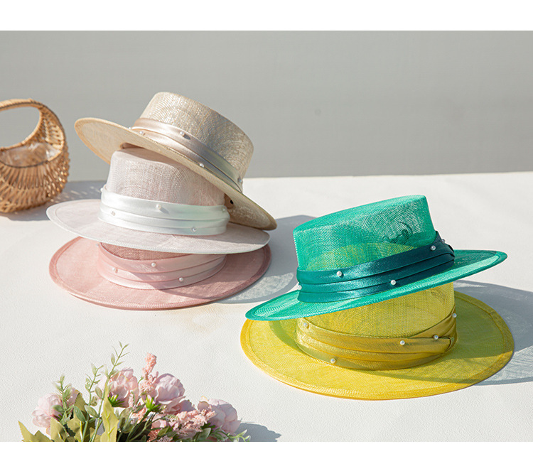 Linen pearl belt flat top hat