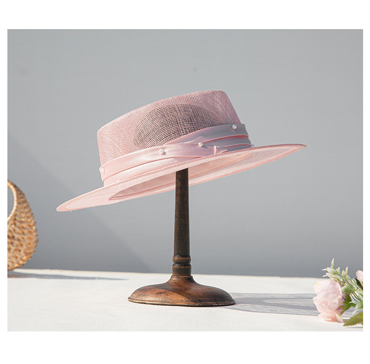 Linen pearl belt flat top hat