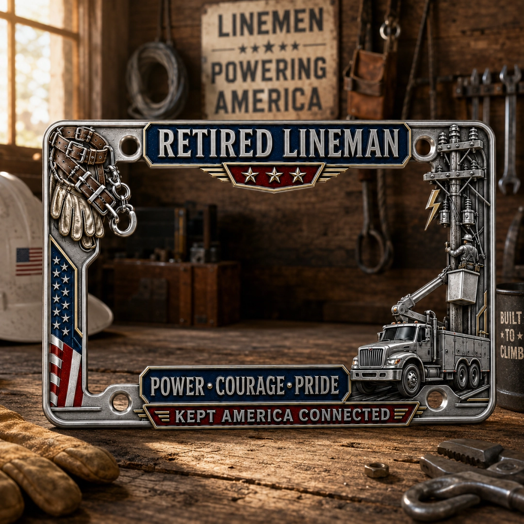 ⚡ Retired Lineman Power • Courage • Pride Metal License Plate Frame 🇺🇸🔧