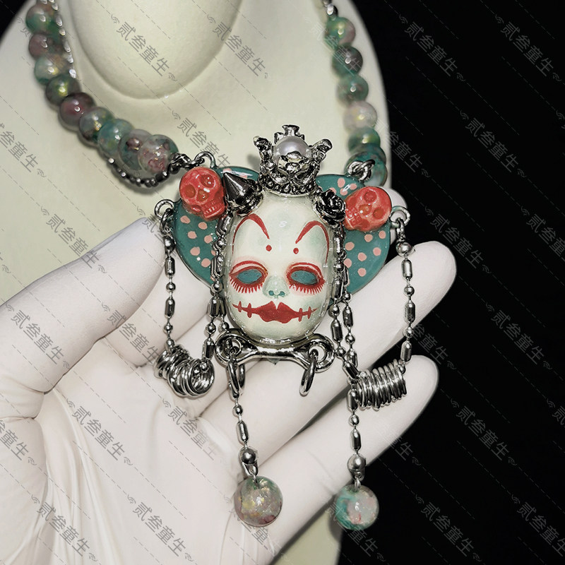 Gothic Skull Doll Beaded Statement Necklace | Dark Alternative Jewelry