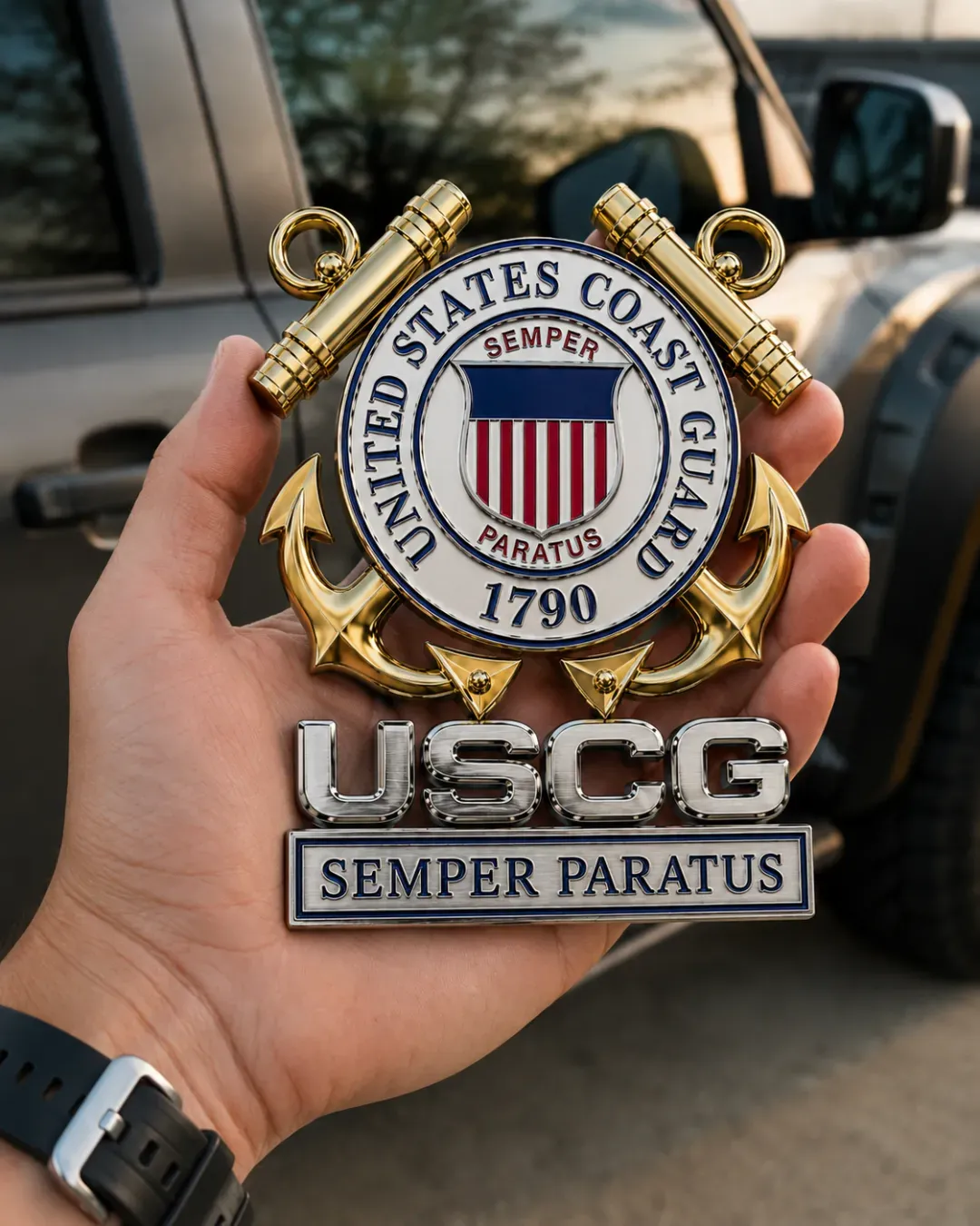 U.S. Coast Guard Semper Paratus Metal Vehicle Badge