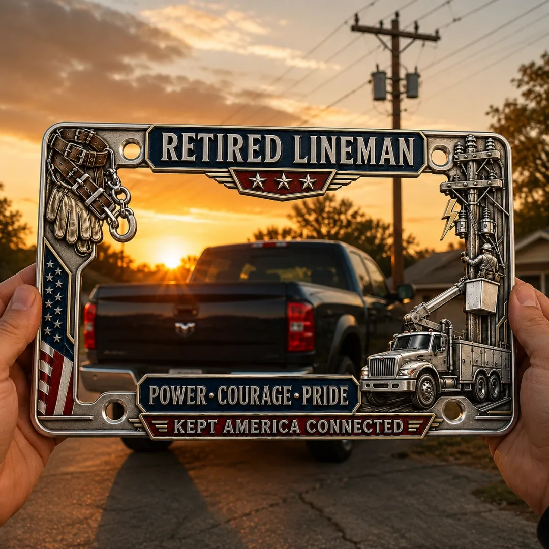 ⚡ Retired Lineman Power • Courage • Pride Metal License Plate Frame 🇺🇸🔧