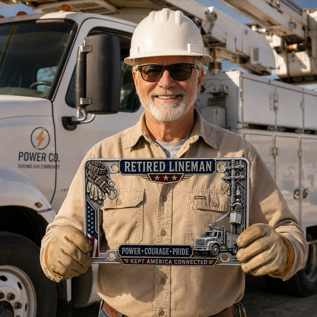 ⚡ Retired Lineman Power • Courage • Pride Metal License Plate Frame 🇺🇸🔧