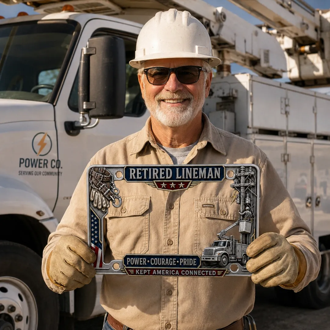 ⚡ Retired Lineman Power • Courage • Pride Metal License Plate Frame 🇺🇸🔧
