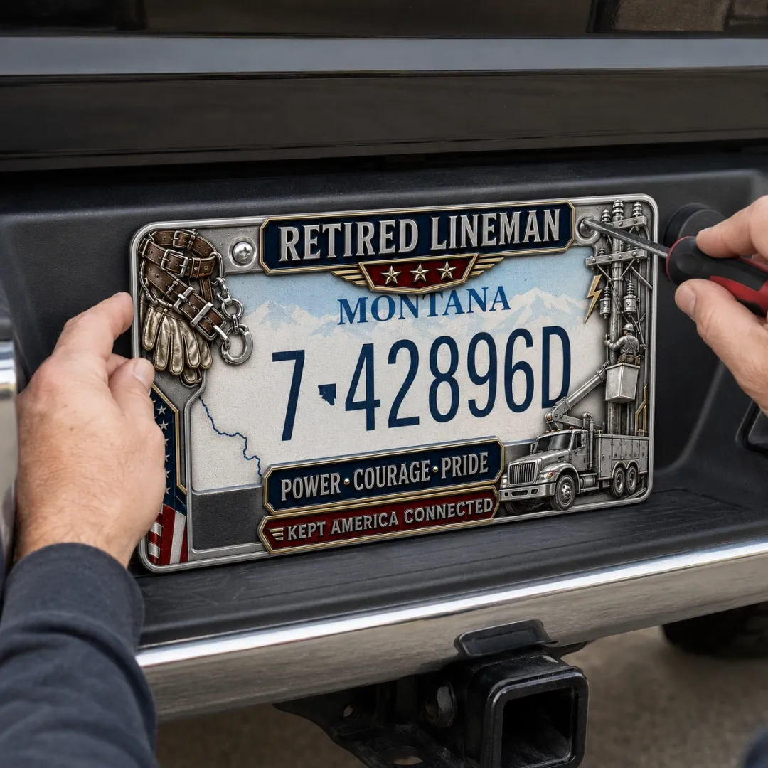 ⚡ Retired Lineman Power • Courage • Pride Metal License Plate Frame 🇺🇸🔧