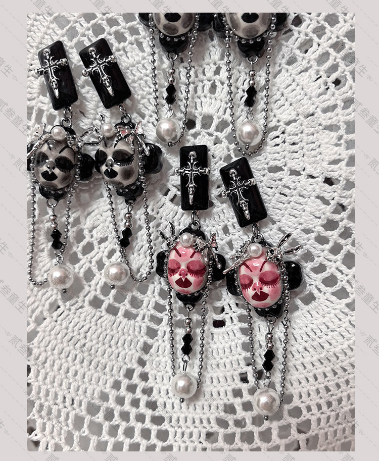  Gothic Hand‑Painted Doll Face Dangle Earrings, Cross Pearl Chain Dark Aesthetic Statement