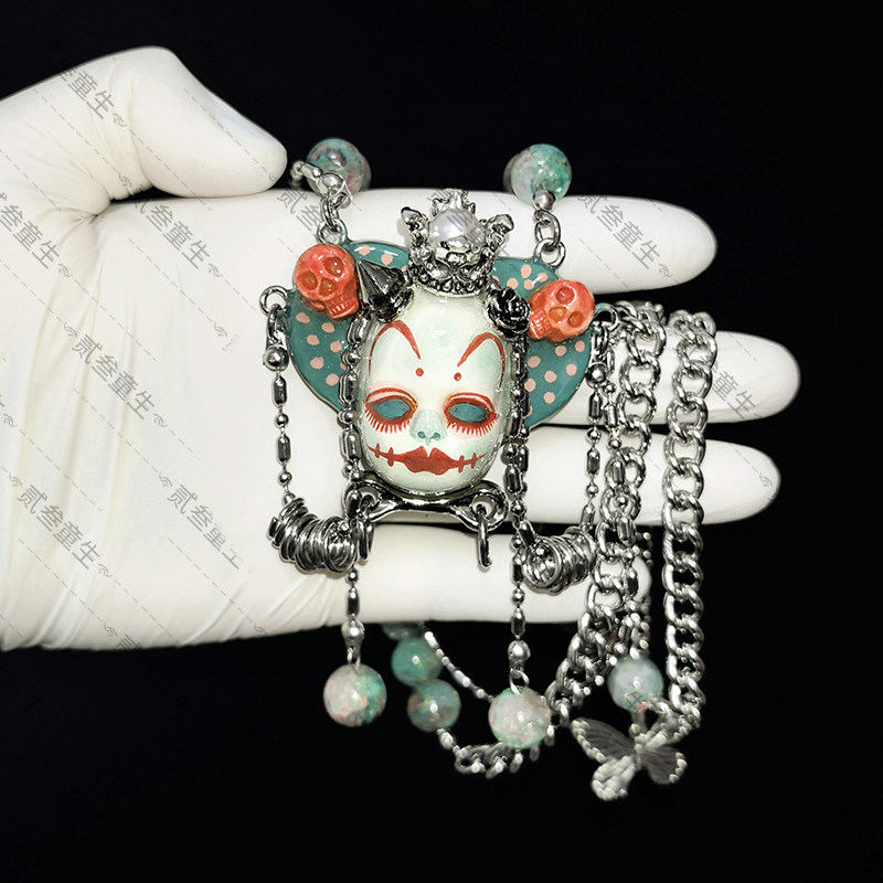 Gothic Skull Doll Beaded Statement Necklace | Dark Alternative Jewelry