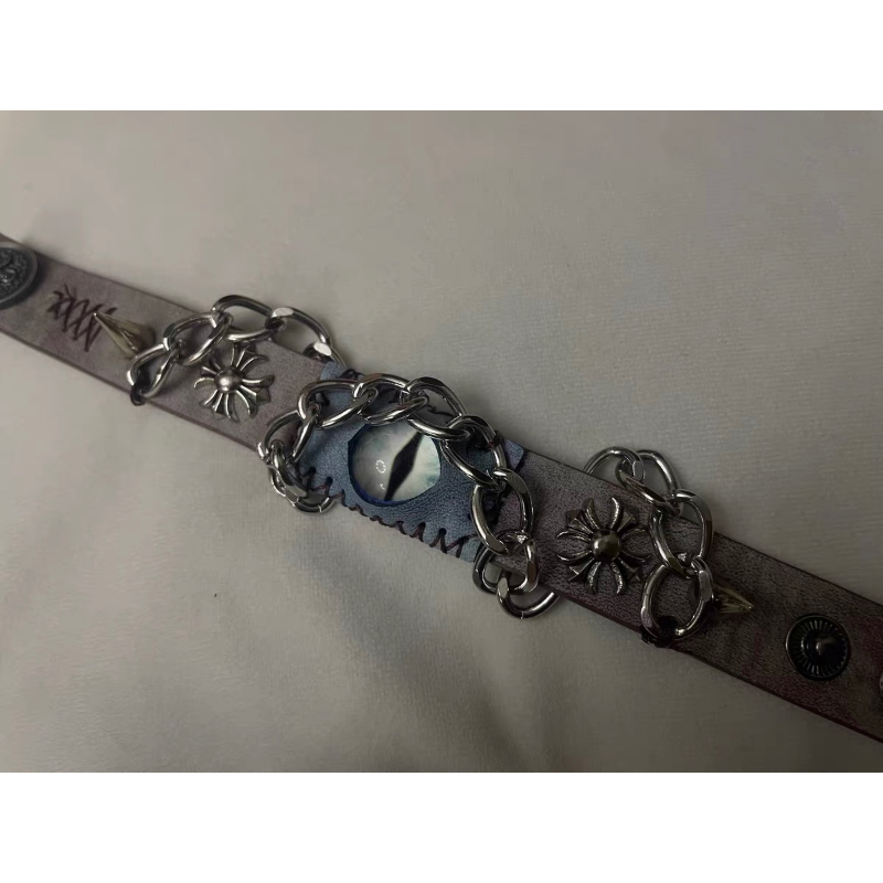 Grunge Punk 3D Evil Eye Chain Leather Bracelet Adjustable Spike Floral Rivet Wrist Cuff Gothic Rock Biker Statement Jewelry for Men Women