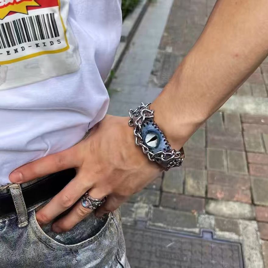 Grunge Punk 3D Evil Eye Chain Leather Bracelet Adjustable Spike Floral Rivet Wrist Cuff Gothic Rock Biker Statement Jewelry for Men Women