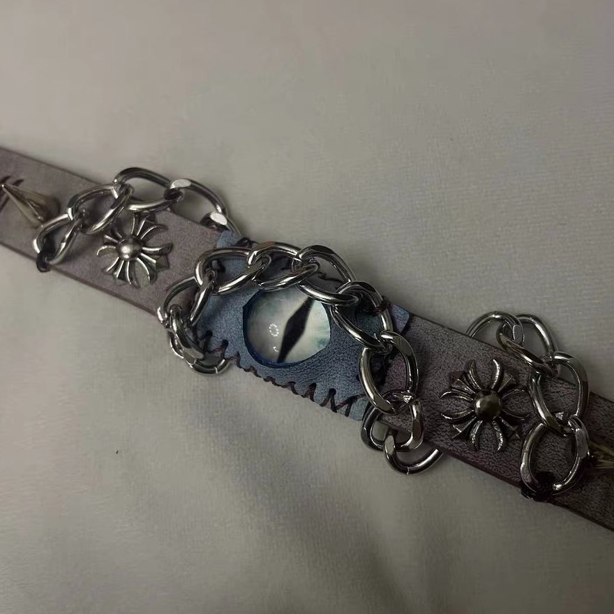 Grunge Punk 3D Evil Eye Chain Leather Bracelet Adjustable Spike Floral Rivet Wrist Cuff Gothic Rock Biker Statement Jewelry for Men Women