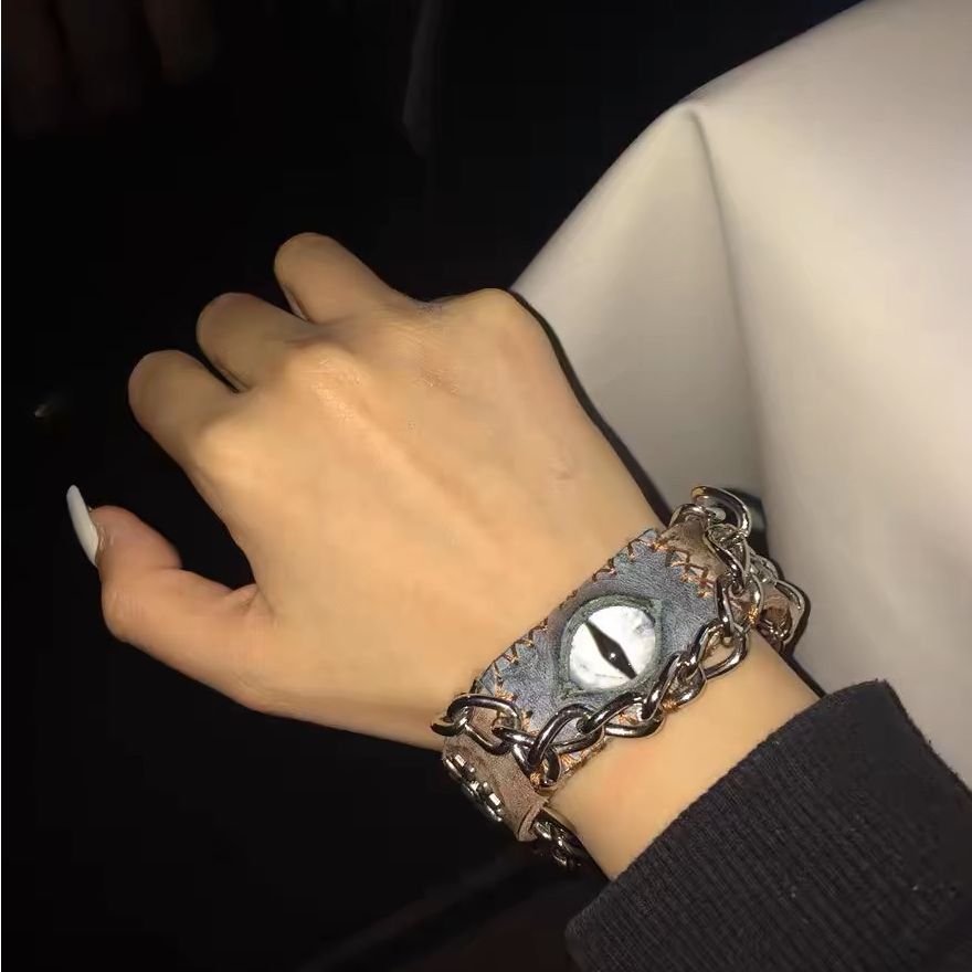 Grunge Punk 3D Evil Eye Chain Leather Bracelet Adjustable Spike Floral Rivet Wrist Cuff Gothic Rock Biker Statement Jewelry for Men Women