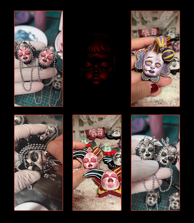  Gothic Hand‑Painted Doll Face Dangle Earrings, Cross Pearl Chain Dark Aesthetic Statement