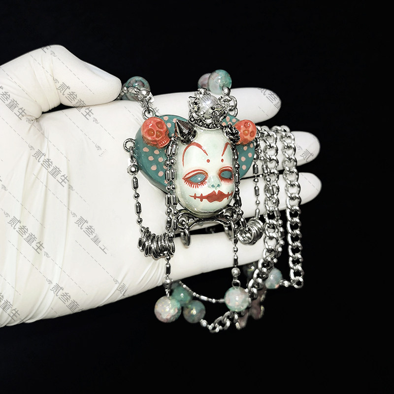 Gothic Skull Doll Beaded Statement Necklace | Dark Alternative Jewelry