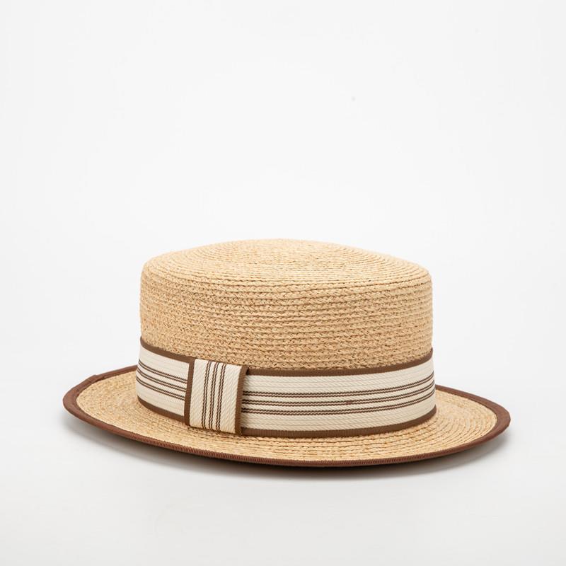 Flat top new style raffia hat with plaid decoration