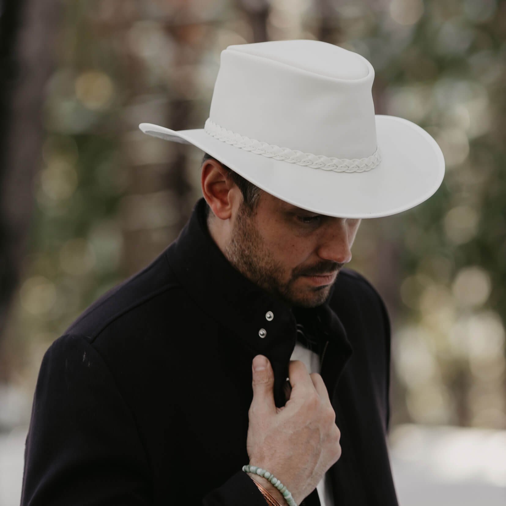 Avalanche - White Leather Outback Hat