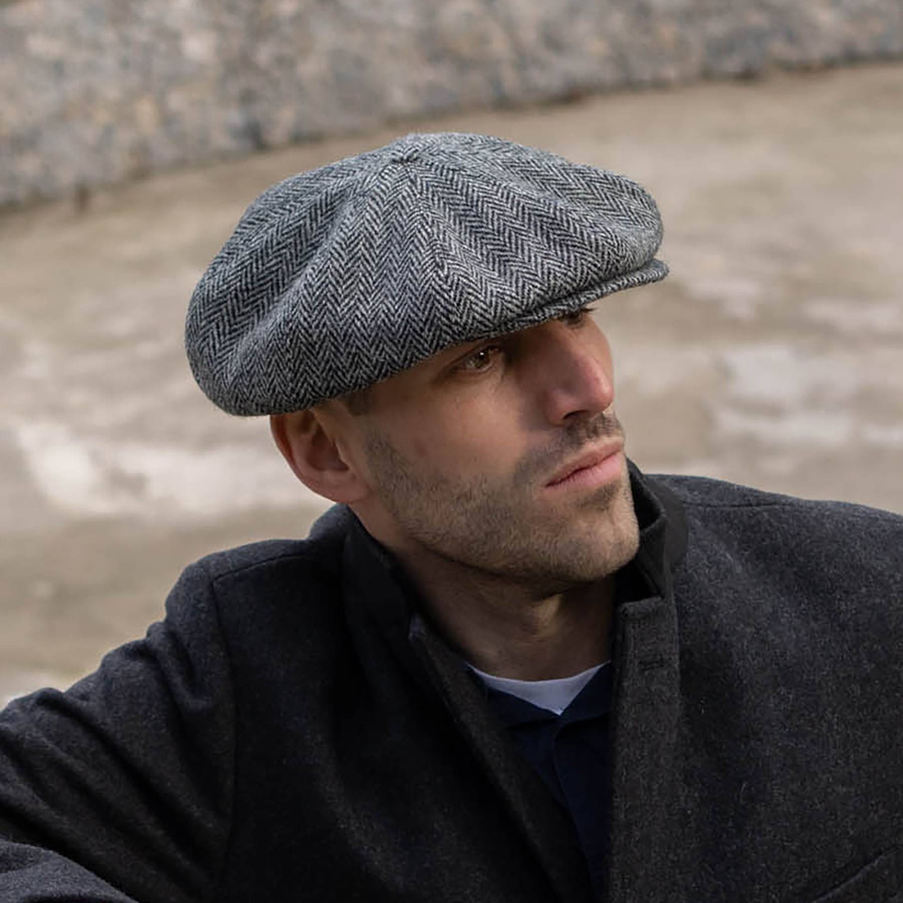 PEAKY CAPS Genuine Scottish Harris Tweed 8 Panels Man Cap GRAY-BLACK