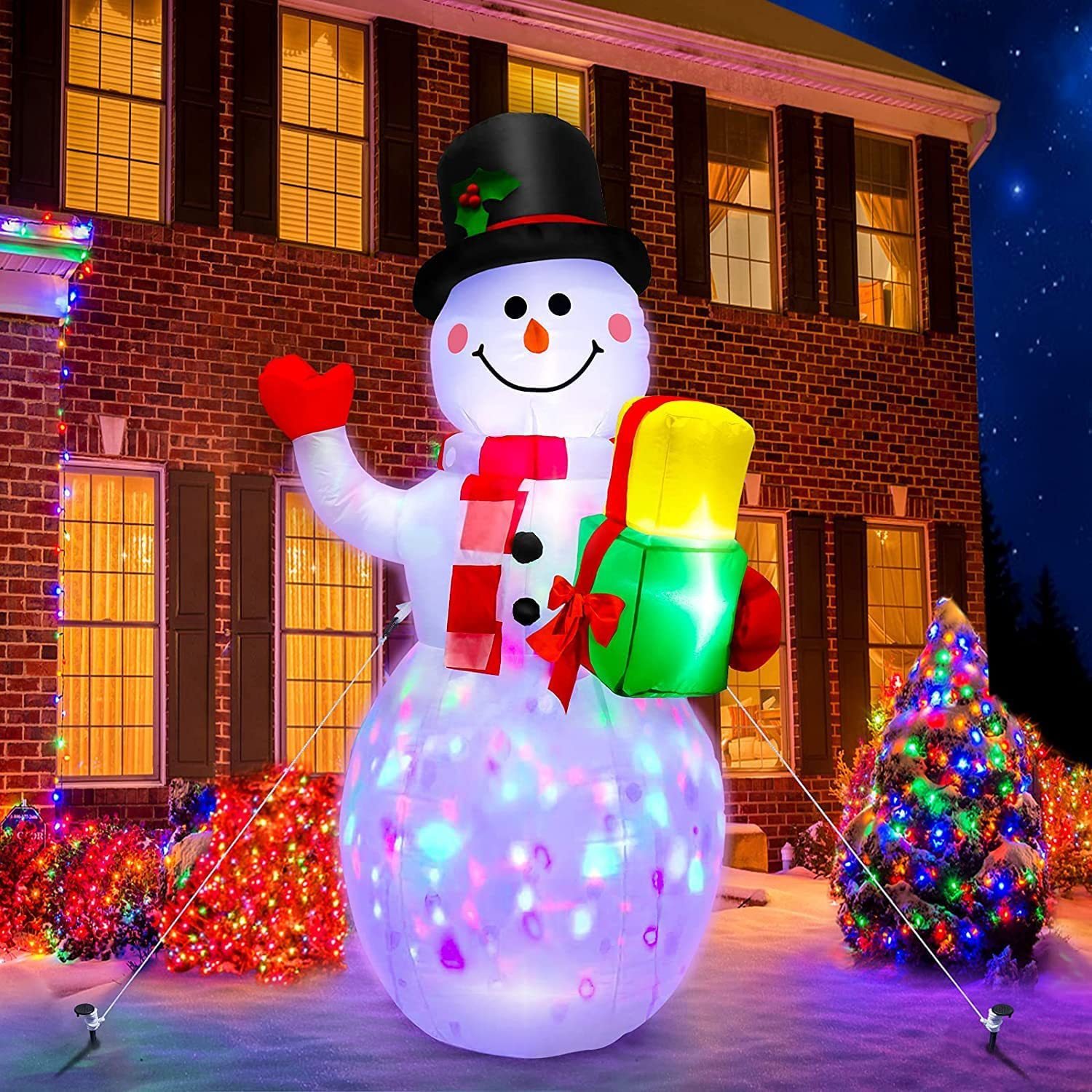 🎅🎁Christmas Sale 49% Off - Christmas Blow Ups Snowman Holding Gifts,With Colorful Rotating LED Lights