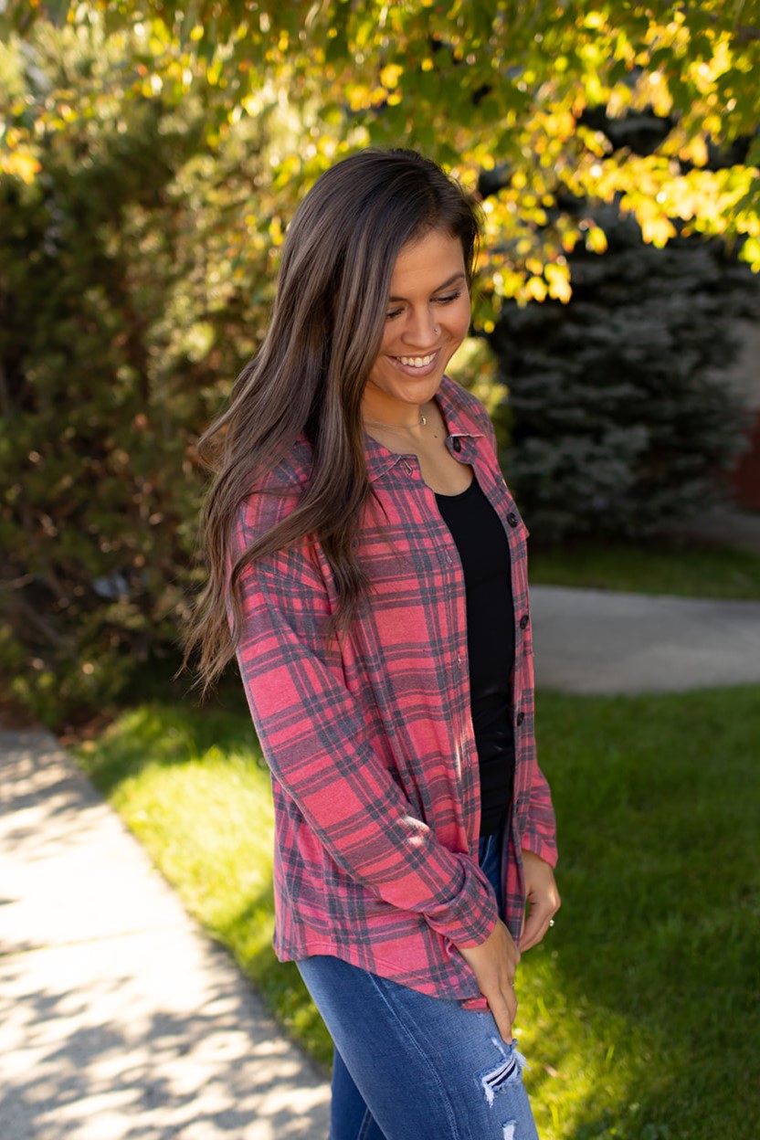 Red Black Plaid Oversized Fleece Button Up (SM-3X)
