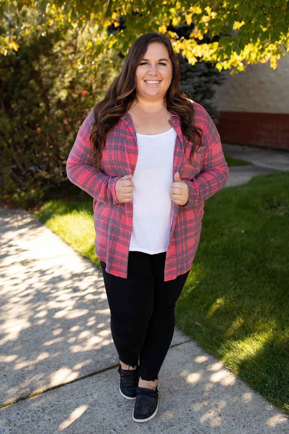 Red Black Plaid Oversized Fleece Button Up (SM-3X)