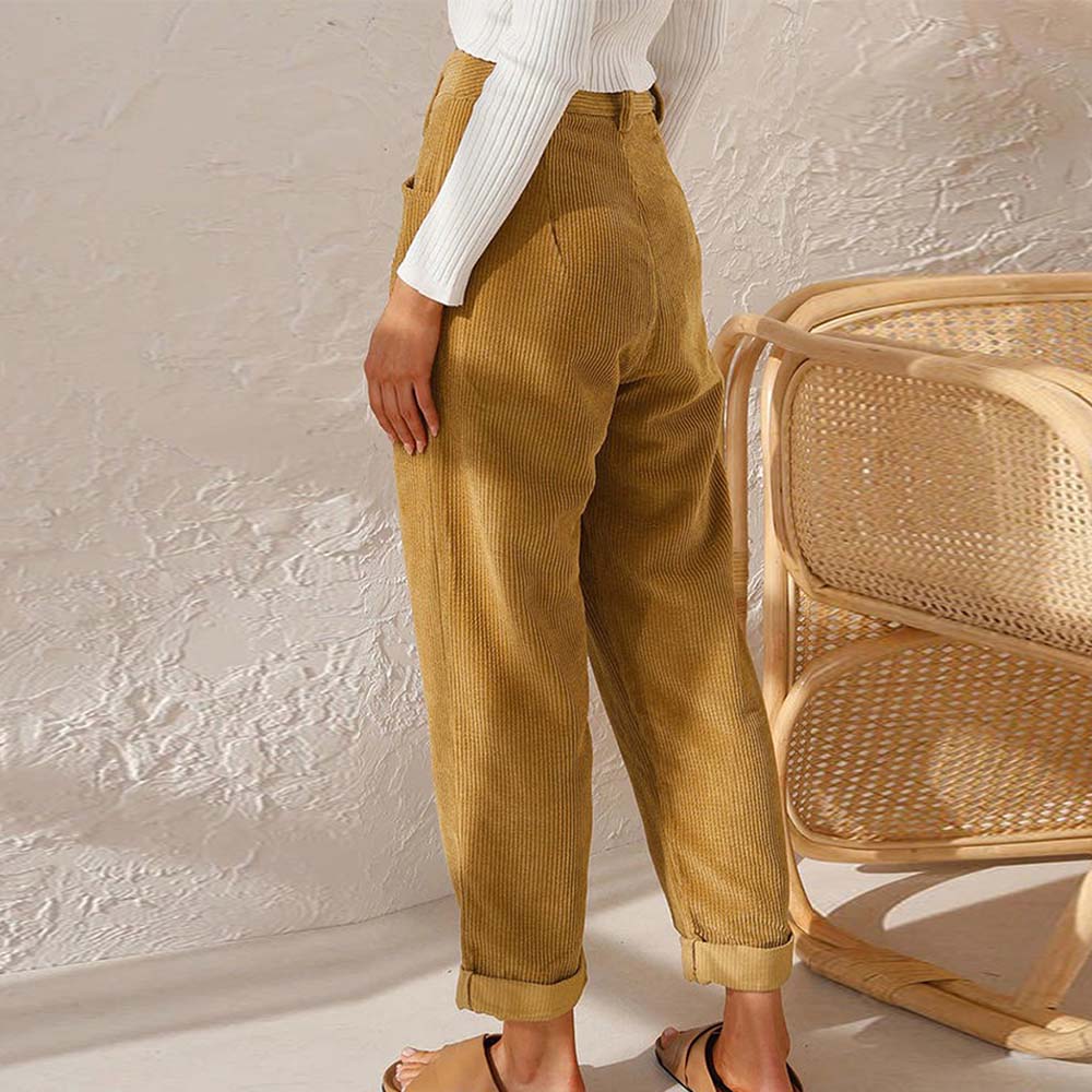 Grattlamm™ Ny stil kvinnors hög midja enfärgad manchester byxor med raka ben