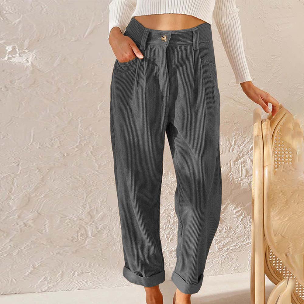 Grattlamm™ Ny stil kvinnors hög midja enfärgad manchester byxor med raka ben
