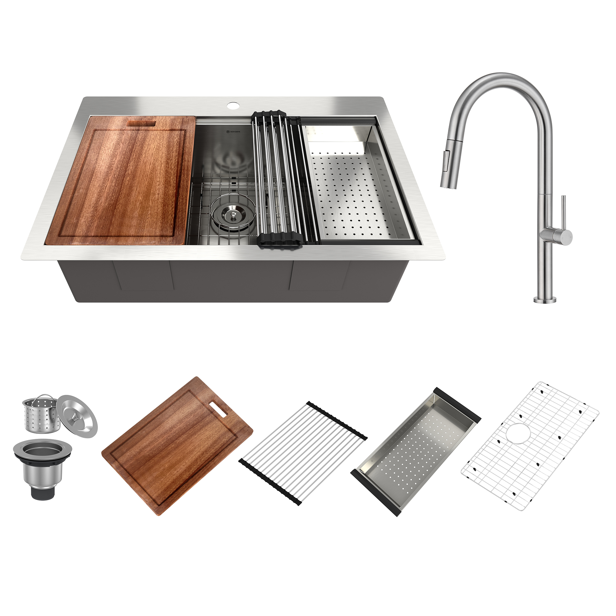 Drop-In 33-in x 22-in Brushed Stainless Steel Single Bowl Workstation Kitchen Sink With Pull-Down Faucet-Arrisea
