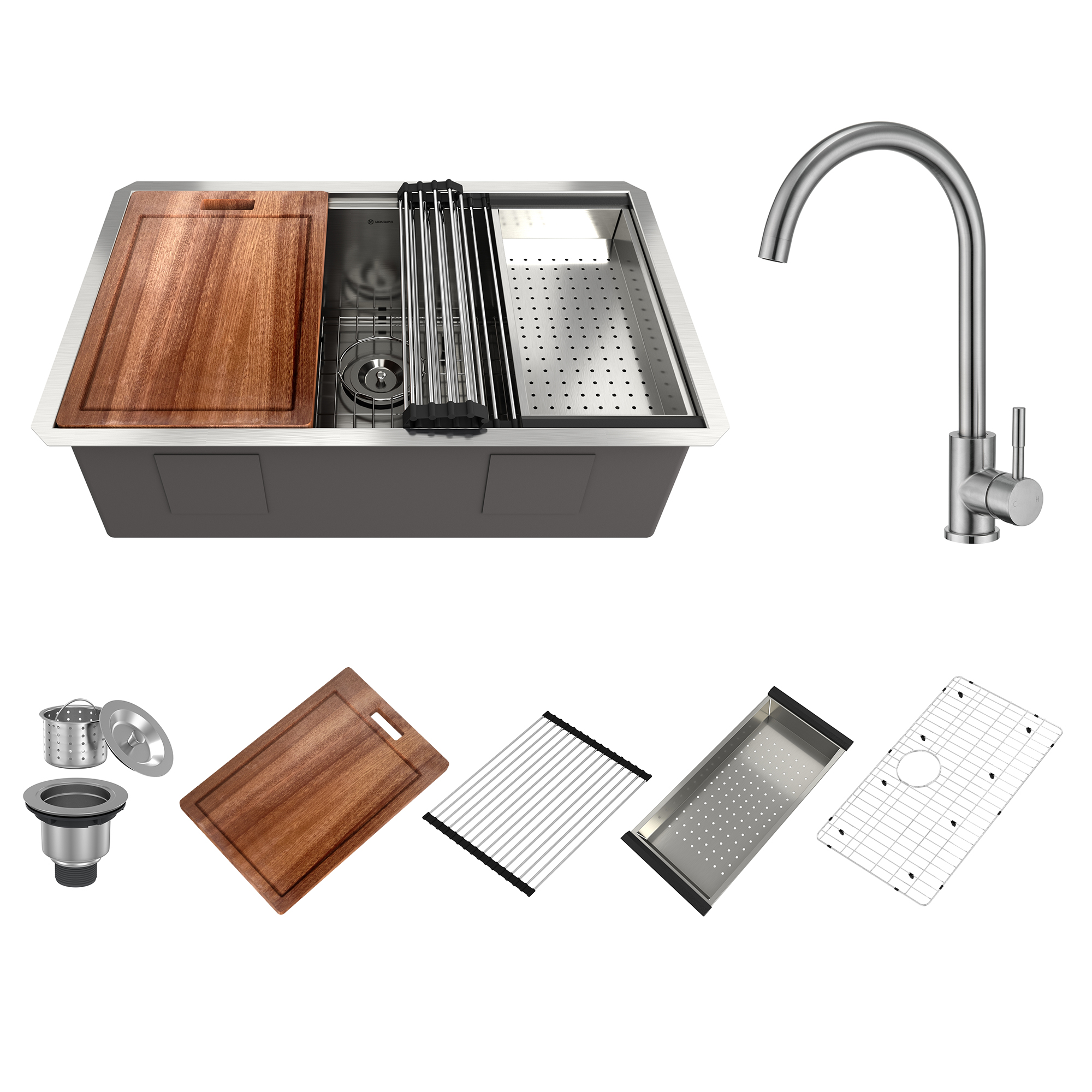 Undermount 30-in x 19-in Brushed Stainless Steel Single Bowl Workstation Kitchen Sink With High-Arc Kitchen Faucet-Arrisea